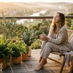 Woman basking in morning sunlight on a wooden balcony for hormonal alignment and circadian health