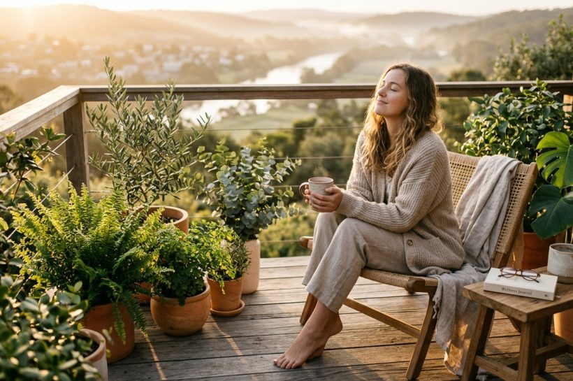 Woman basking in morning sunlight on a wooden balcony for hormonal alignment and circadian health