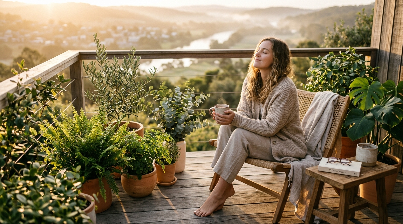 Woman basking in morning sunlight on a wooden patio for hormonal alignment and circadian health